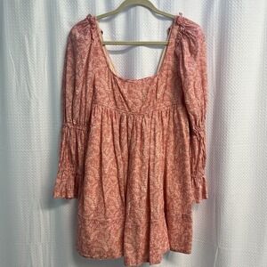 Pilcro Peach & Cream Babydoll Milkmaid Coquette Floral Mini Dress XS Smocked